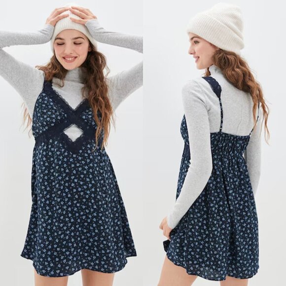 American Eagle Navy Floral Printed Lace Trim Slip Mini Dress. - Picture 7 of 7